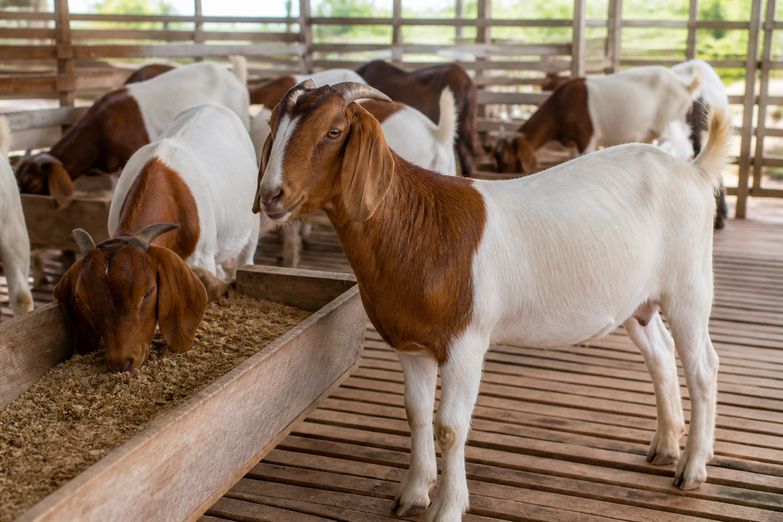 Goats in a livestock pen at Steaders8 Farm